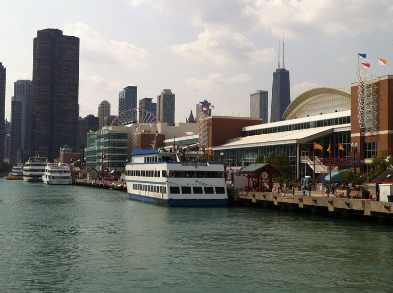 Navy Pier Along the Chicago River with the Sears Tower in the Back Ground